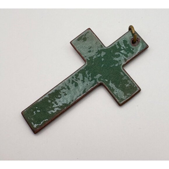 Vintage Enamel Cross Pendant Green and Bronze Tone Double Sided Religious - Picture 5 of 7